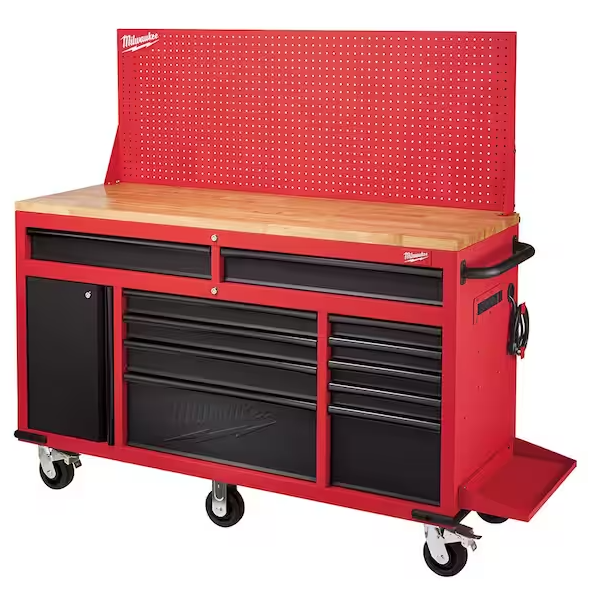 61 in. 11-Drawer/1-Door 22 in. D Mobile Workbench with Sliding Pegboard Back Wall in Red/Black