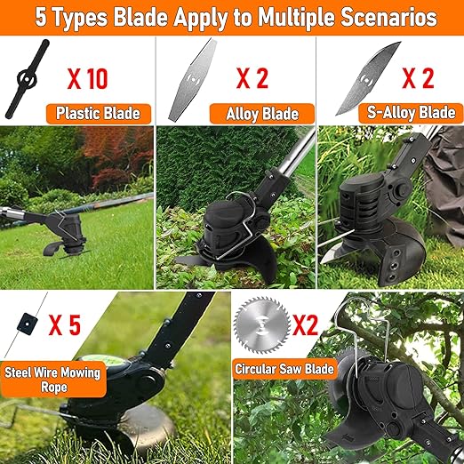 Cordless grass trimmer/shrub cuttter with 1h long-lasting battery weed wacker, grass trimmer, lawn mower Tanutil weed wacker package includes weed wacker, battery, fast charger, blades What's In Your Package? 1 X weed wacker 1 X Battery 1 X Fast Charger 1