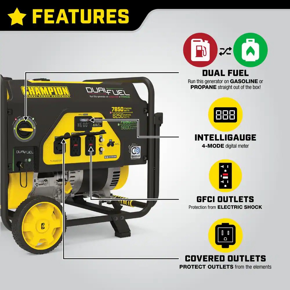 6250-Watt Gas and Propane Powered Dual-Fuel Portable Generator with CO Shield Technology