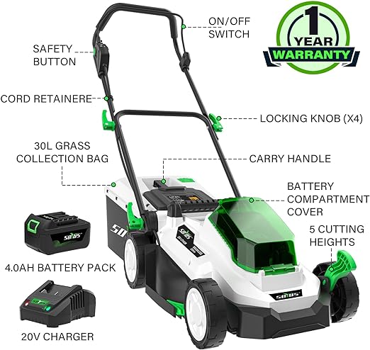 SOYUS Electric Lawn Mower Cordless, 13 Inch 20V 2-in-1 Lawn Mowers with 30L Collection Bag, Brushless Motor and 5-Position Height Adjustment, 4.0Ah Batteries & Charger Included