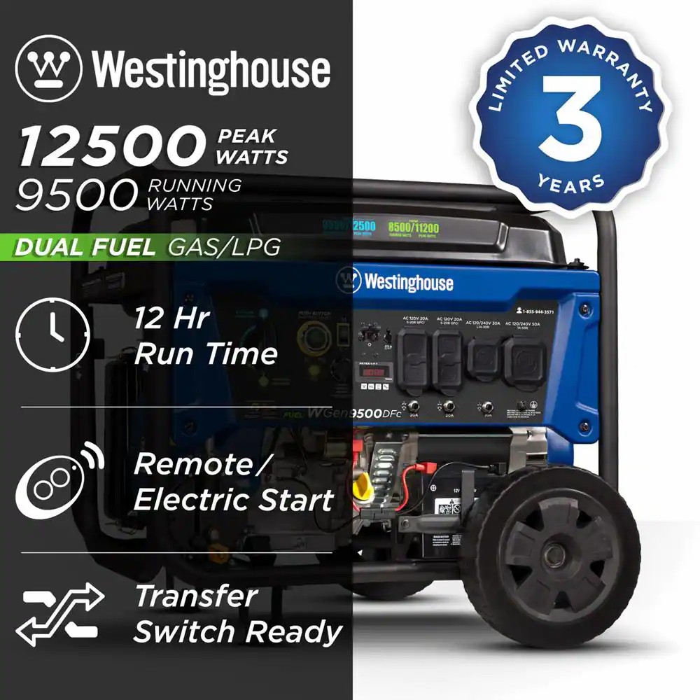 WGen9500DFc 12,500/9,500-Watt Dual Fuel Portable Generator with Remote Start, Transfer Switch Outlet and CO Sensor