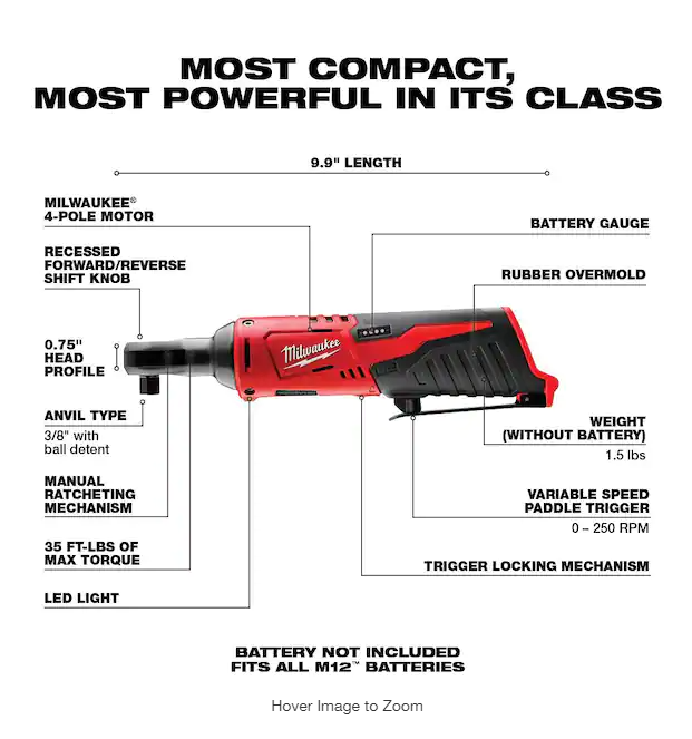M12 12V Lithium-Ion Cordless 3/8 in. Ratchet (Tool-Only)