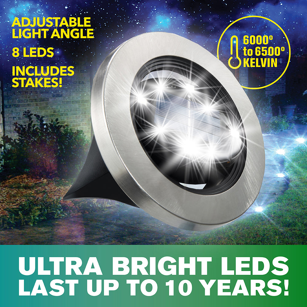 Bell + Howell Solar Powered Swivel Disk Lights， Outdoor Path Lights with 8 LED Bulbs， Stainless Steel 4 Pack
