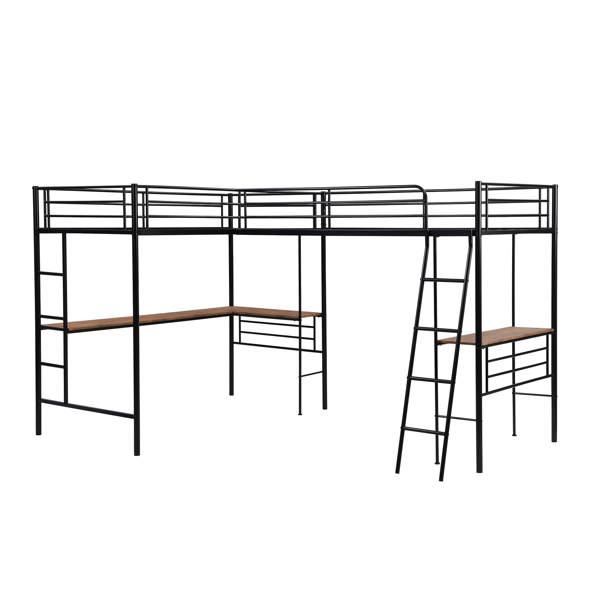 Metal L-Shaped Twin Size Loft Bed with Two Desk for Kids Bedroom, Black