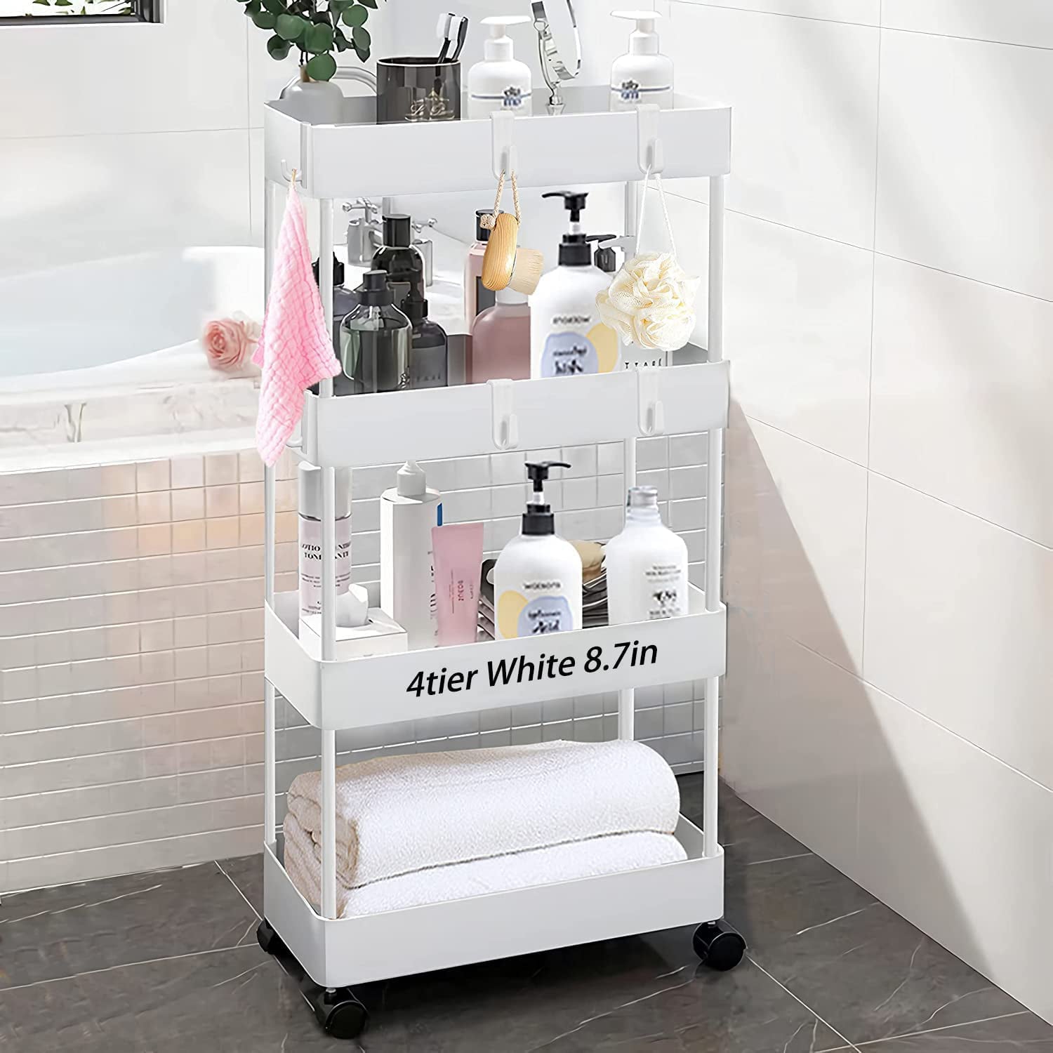 Rolling Cart， GAITON 4 Tiers Laundry Room Organizer and Storage Cart with Wheels， White