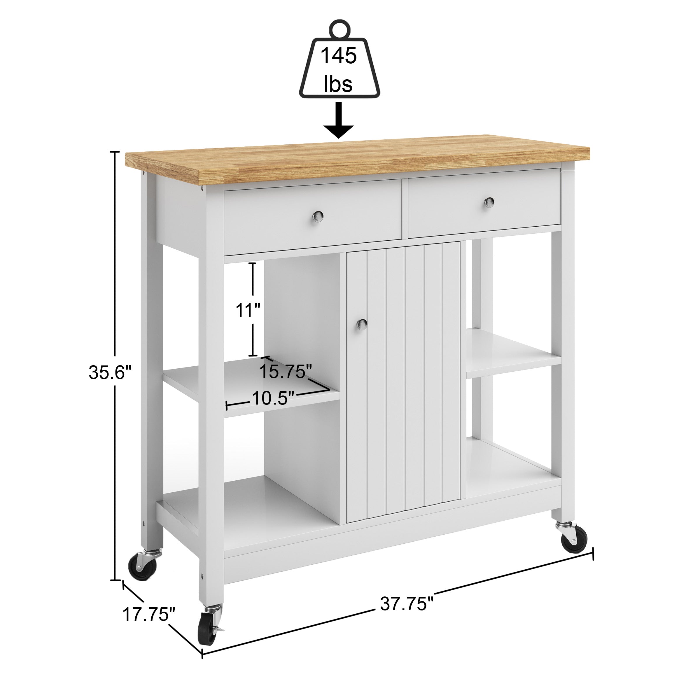 Lavish Home Kitchen Island Rolling Cart with Drawers and Casters， White