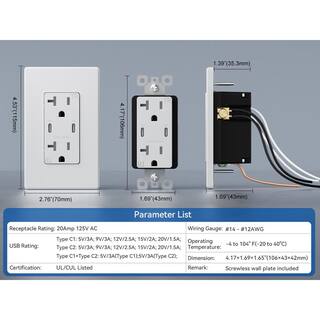 ELEGRP 30-Watt Dual Type C USB Duplex Wall Outlet for PD and QC， 20 Amp Receptacle， w/Wall  Plate (2-Pack， White) ER30WCC20-0102