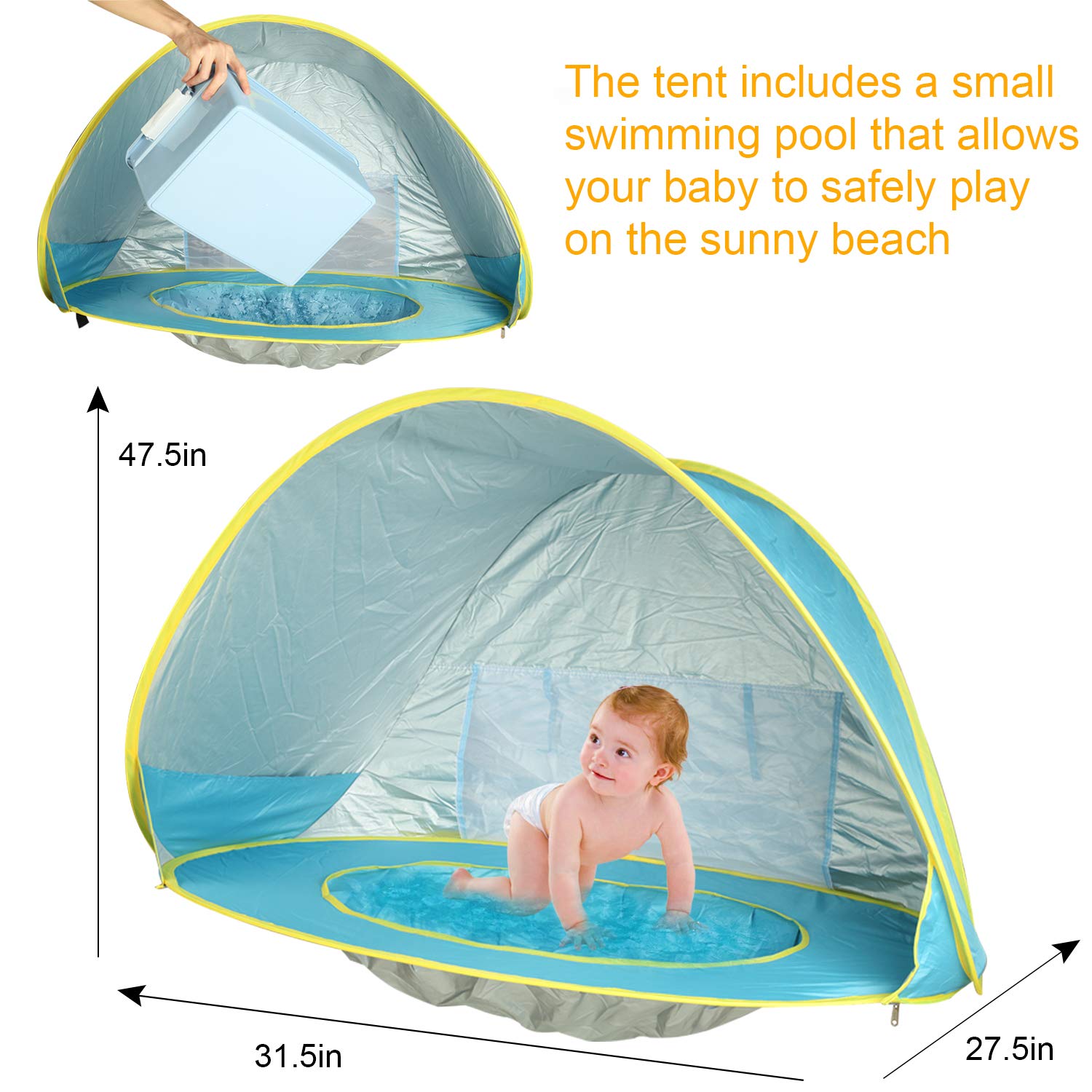 DOTSOG Baby Beach Tent Pop Up Portable Shade Pool UPF 50+ Protection Sun Shelter Beach Umbrella for Infant Beach Camping Fishing Hiking Blue