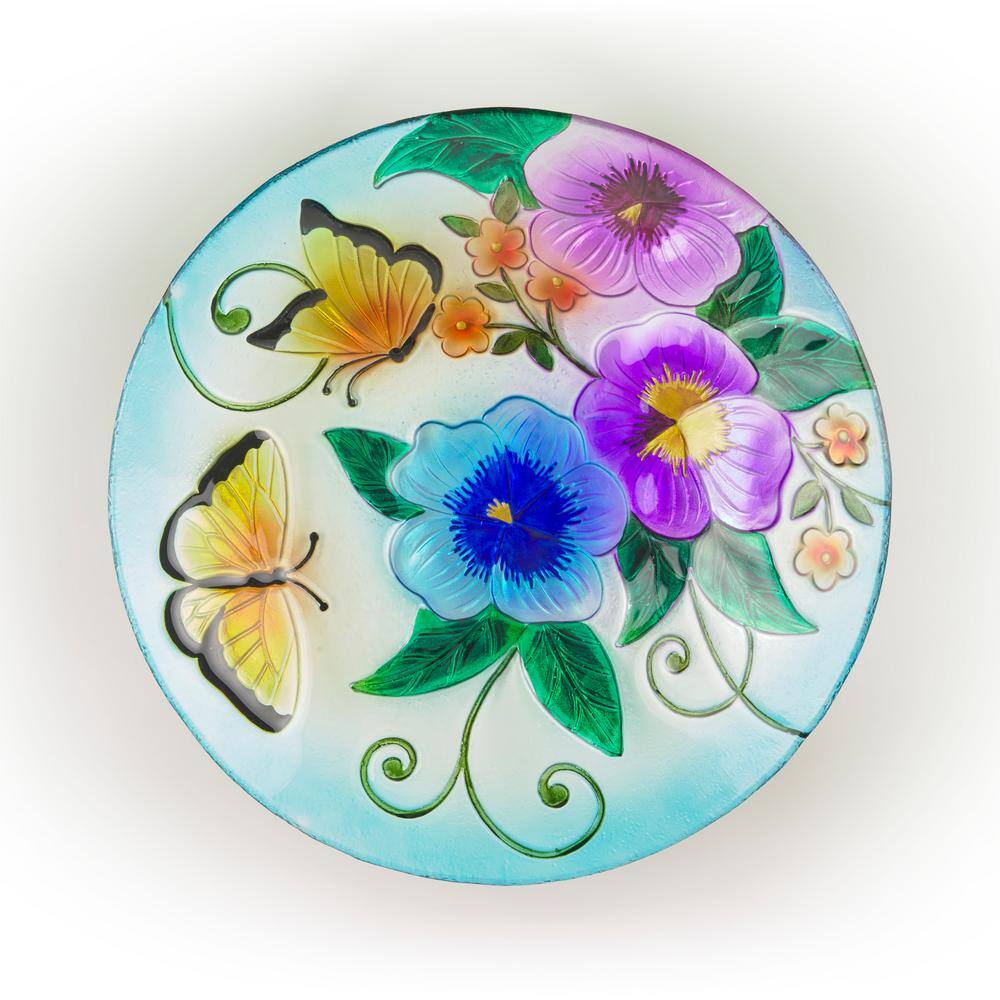 Alpine Corporation 18 in. Glass Birdbath Topper with Colorful Butterfly and Flowers KPP606T-18