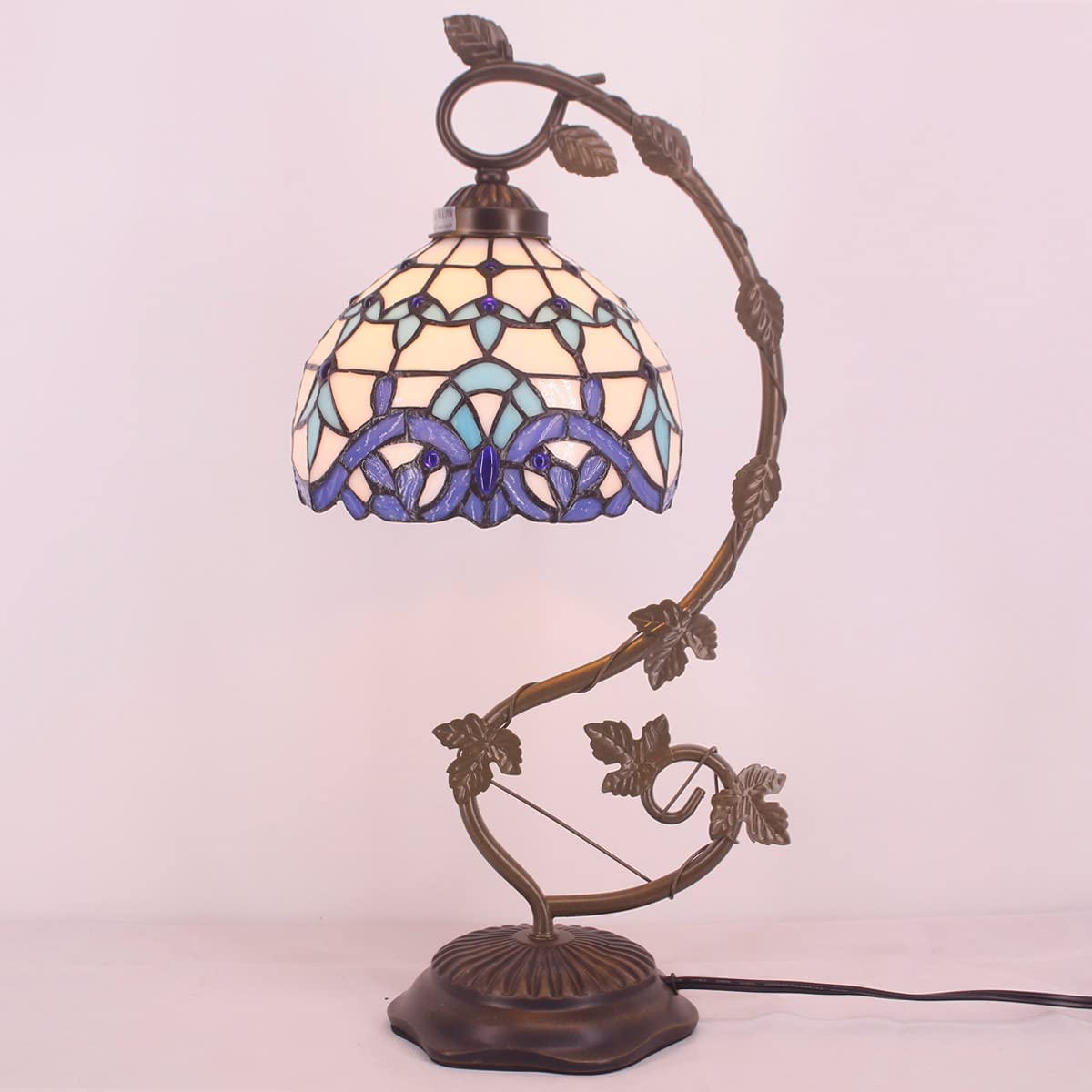 SHADY  Style Lamp White Blue Stained Glass Table Lamp Reading Desk Light Metal Leaf Base 8X10X21 Inches Decor Small Space Bedside Bedroom Home Office S003B Series