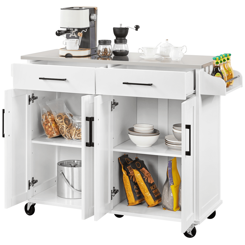 SMILE MART Large Kitchen Island on Wheels with Storage Drawers and Cabinets， White