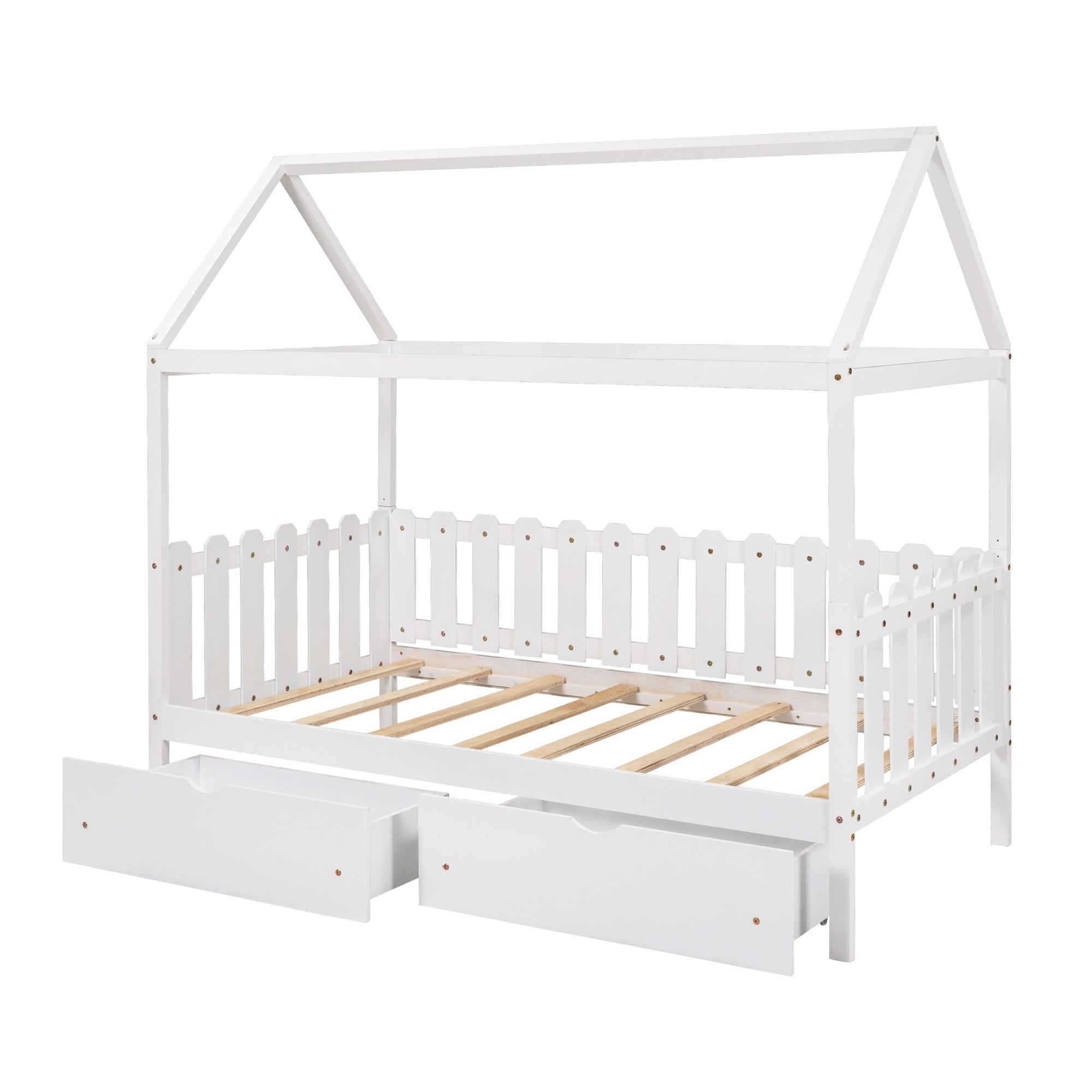 Euroco Twin Size Wood House-Shaped Bed with Drawers for Kids, White