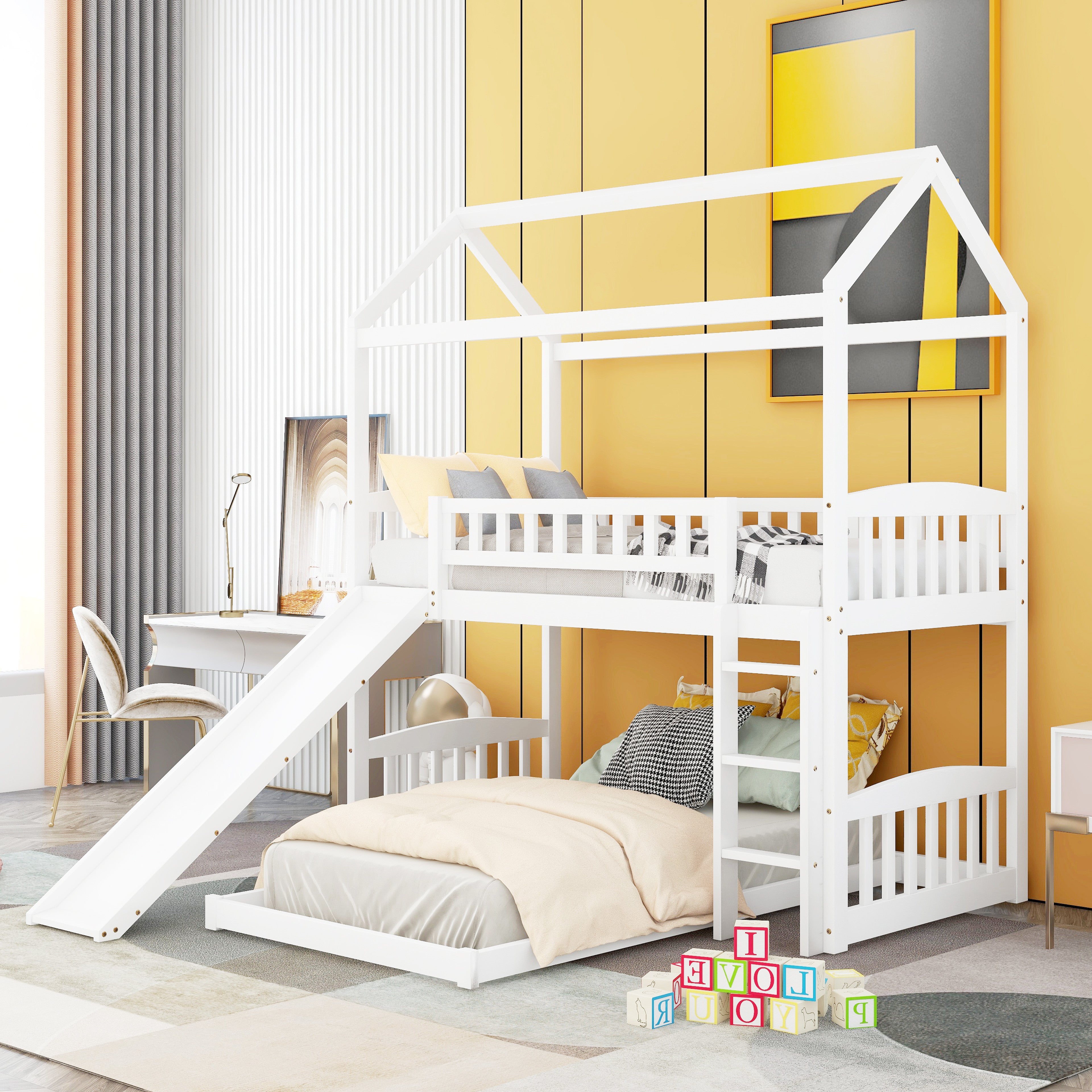 Bellemave House Bunk Bed with Slide, Wood Twin Over Twin L-Shape Bunk Bed Frame with Ladder for Kids Teens (White)