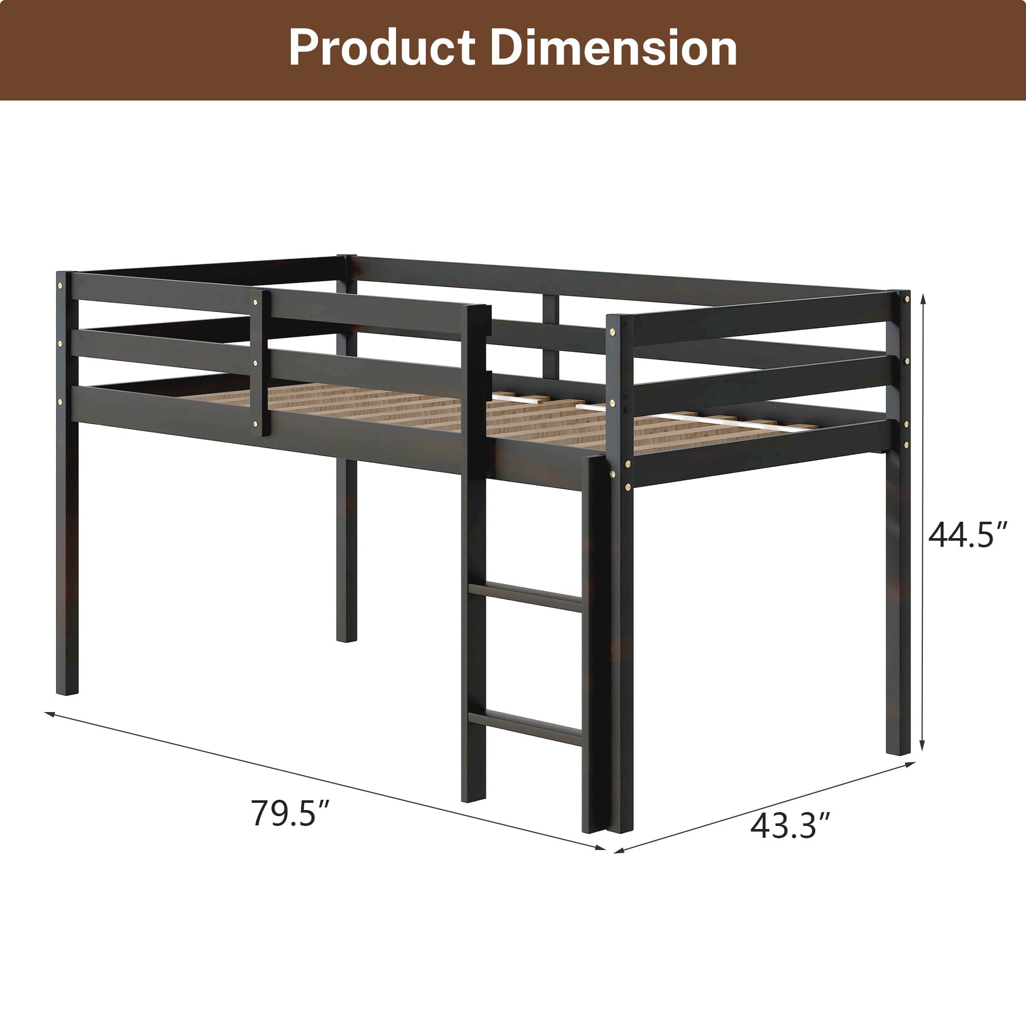 Low Twin Wood Loft Bed with Full-length Safety Rail and Ladder, Modern Loft Bed Frame for Kids Teens Adult, Space Saving Bedroom Loft Bed, No Box Spring Needed, Espresso, J2299
