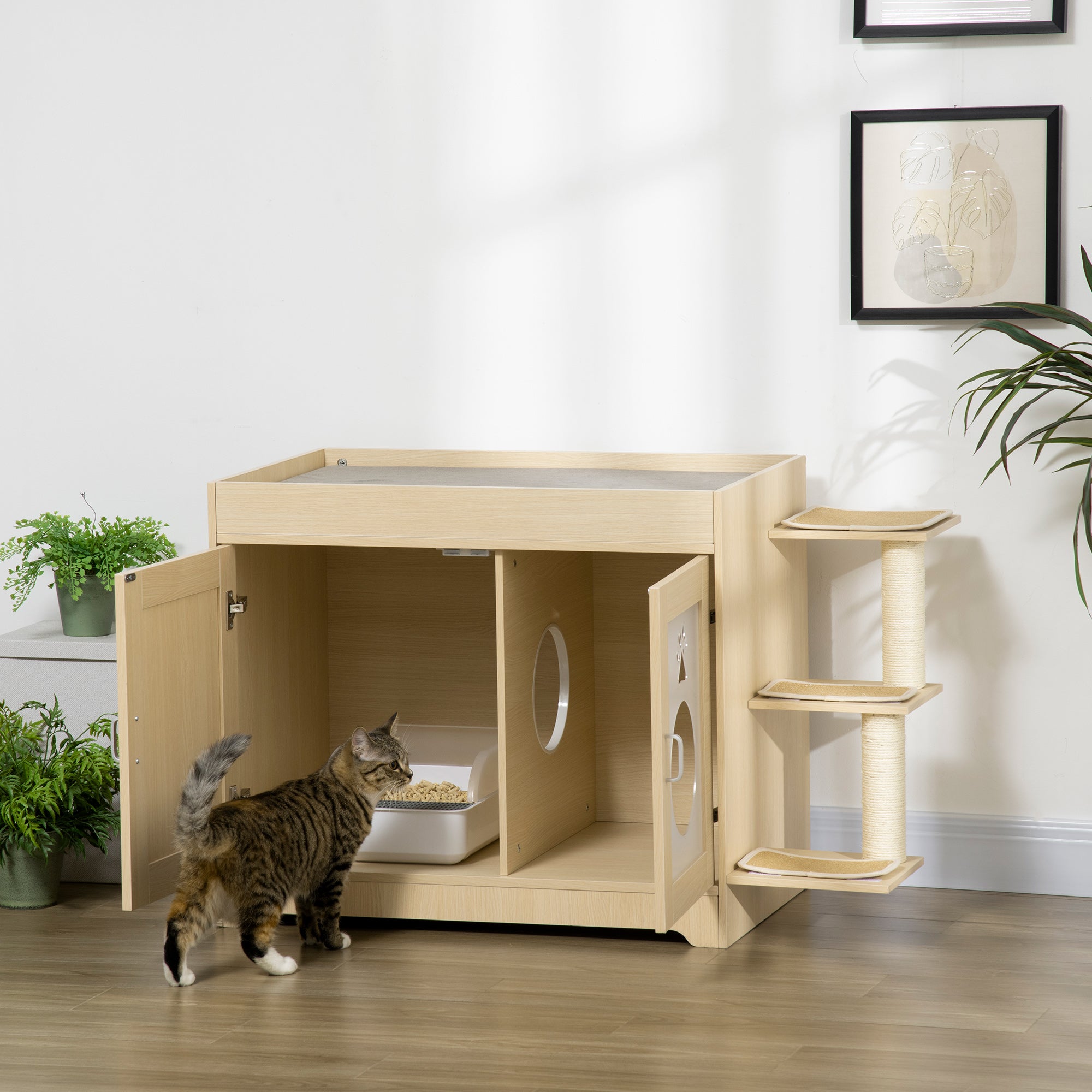 PawHut 3-in-1 Cat Litter Box Enclosure and Elevated Cat Bed Tree with Scratching Posts for Large and Small Kitties， Hidden Cat Litter Cabinet with Double Doors， Soft Cushion