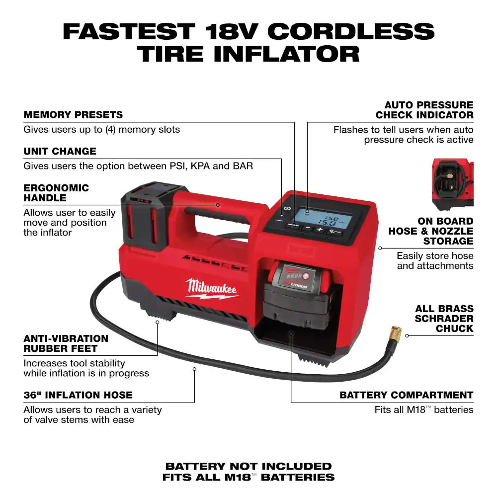 Milwaukee 2848-20 M18 18-Volt Lithium-Ion Cordless Inflator (Tool-Only)