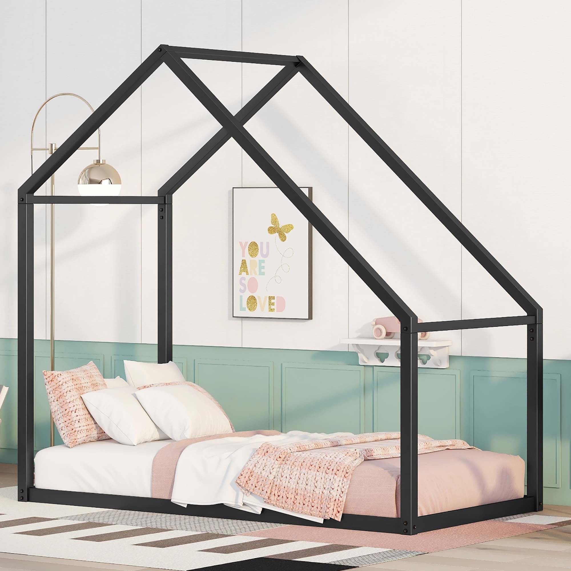 Double Bed Metal Bed Children's Bed, Black, Size 77.2"L x 41"W x73.1"H, This bed provides a safe space for your child to have a good night's sleep