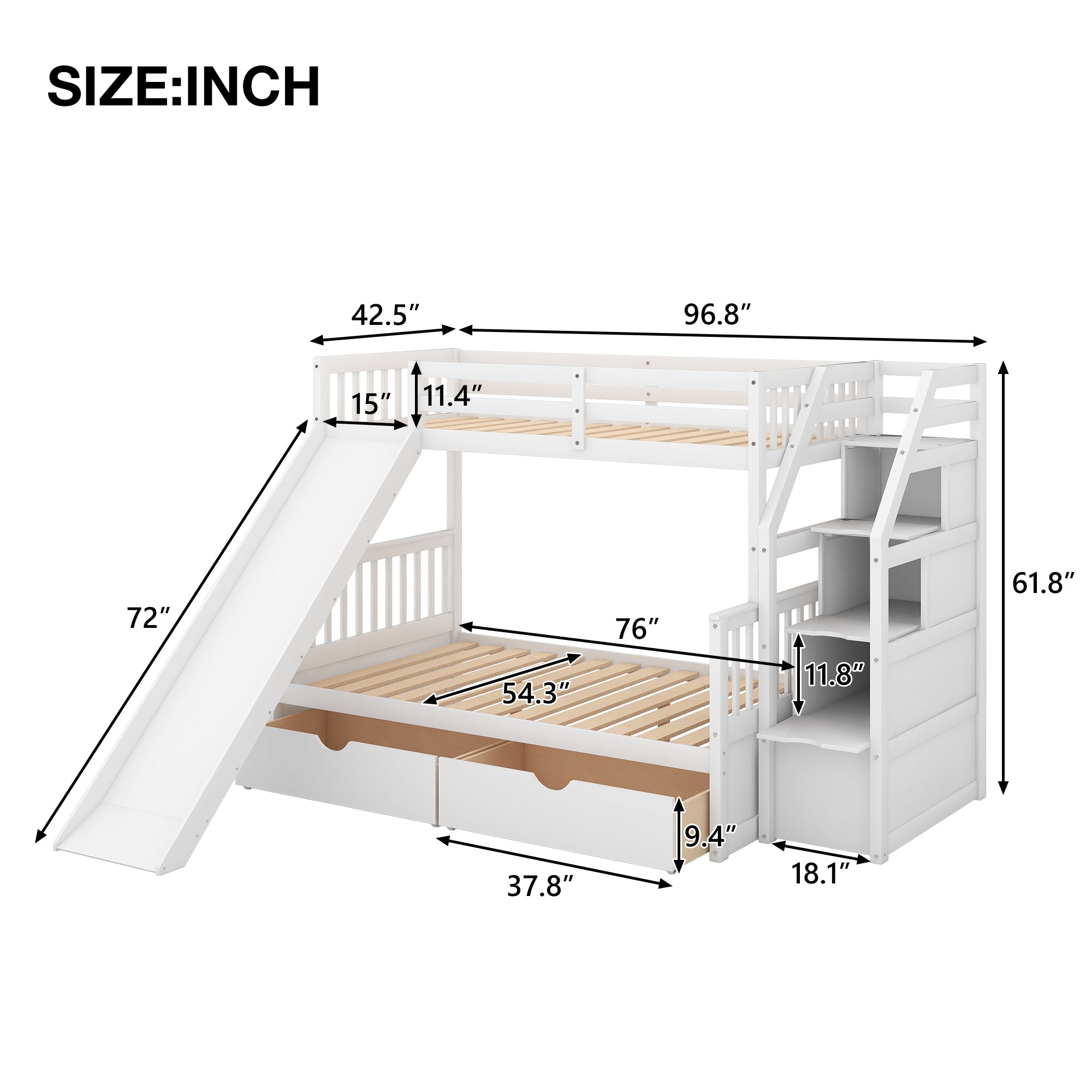 Bellemave Twin Over Full Bunk Bed with Stairs and Slide, Solid Wood Bunk Bed Frame with Storage Drawers for Kids Boys Girls Teens （White)