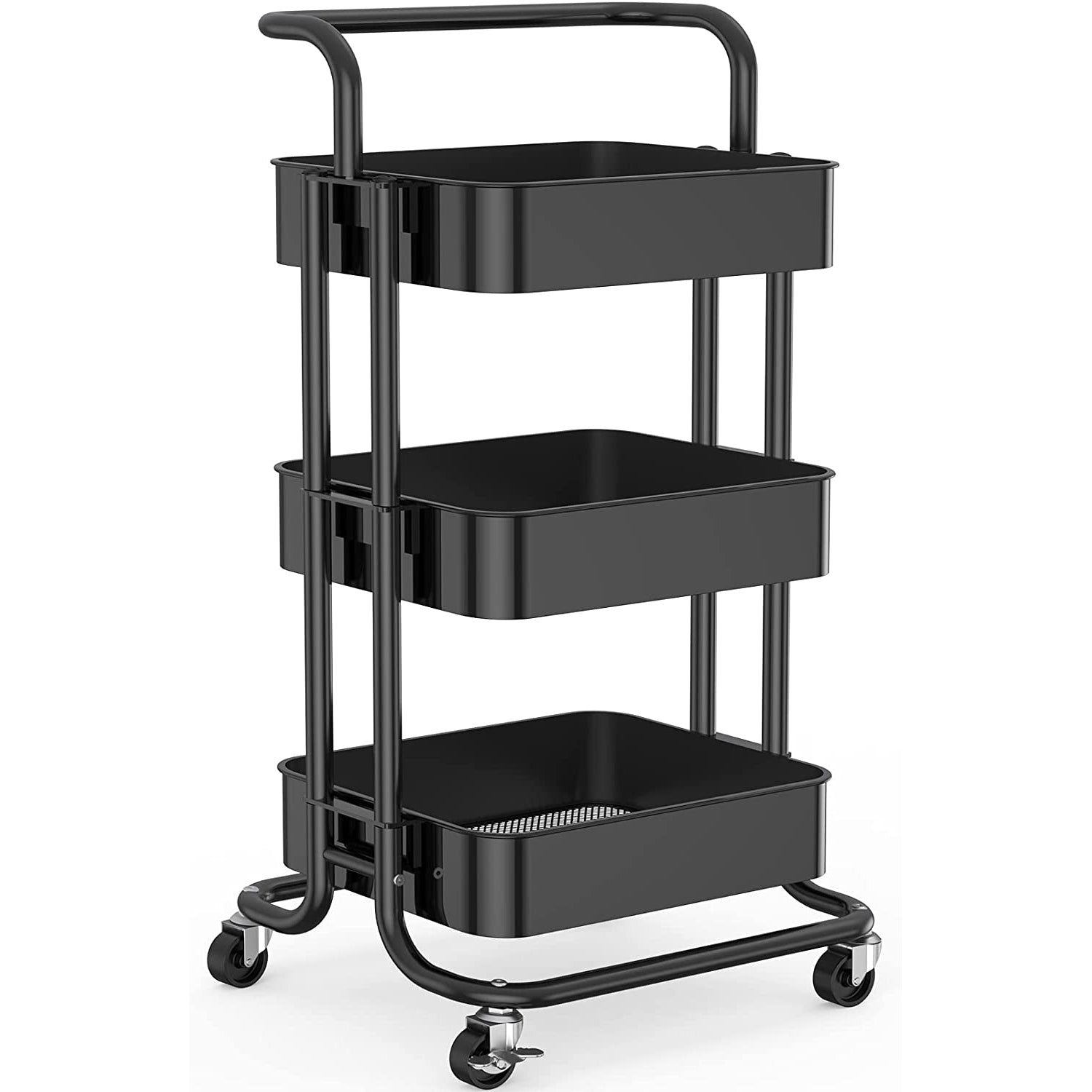 Techvida 3-Tier Rolling Utility Cart， Multifunctional Metal Rolling Utility Cart for Home Office Kitchen， Black