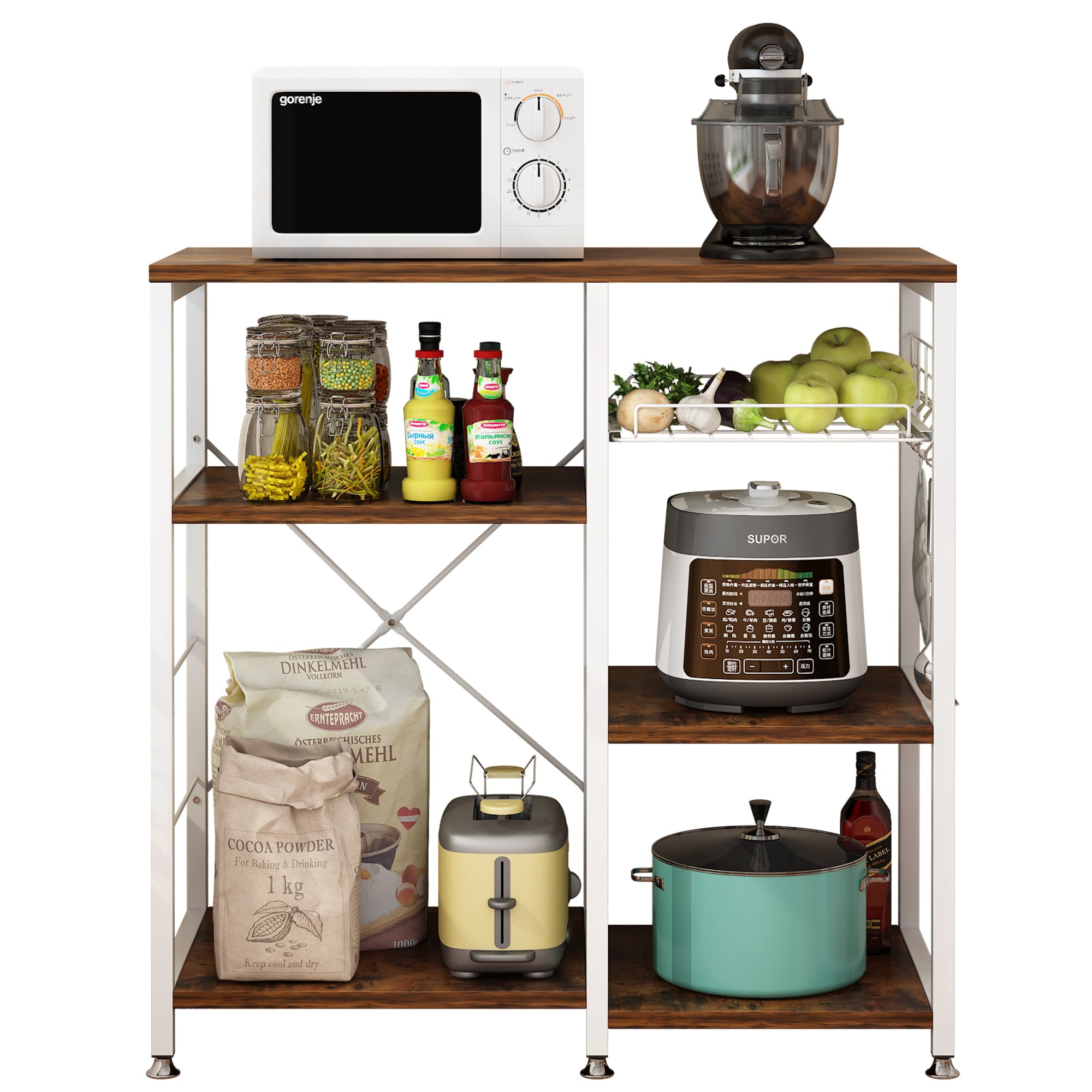 Zimtown Industrial Bakers Rack， Kitchen Microwave Oven Stand， Kitchen Island Storage Shelves Workstation with 2 Mesh Baskets and 6 Hooks，Rustic Brown
