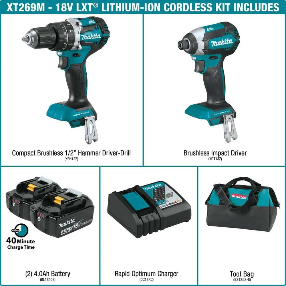 Makita 18V LXT Lithium-Ion Brushless Cordless Hammer Drill and Impact Driver Combo Kit (2-Tool) w/ (2) 4Ah Batteries, Bag XT269M