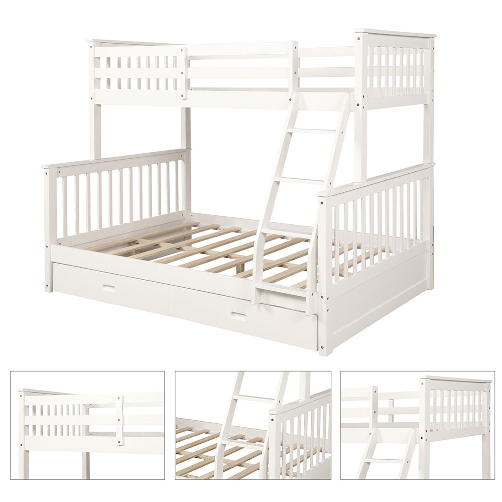 Vanelc Twin Over Full Bunk Bed with Two Storage Drawers, Pine Wood Frame and Ladder with Guard Rails for Teens, Boys, Girls, White