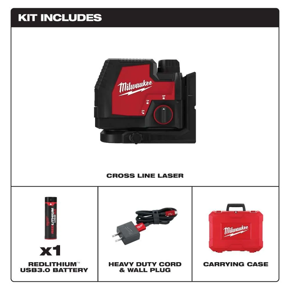 Milwaukee 100 ft. REDLITHIUM Lithium-Ion USB Green Rechargeable Cross Line Laser Level with Charger 3521-21