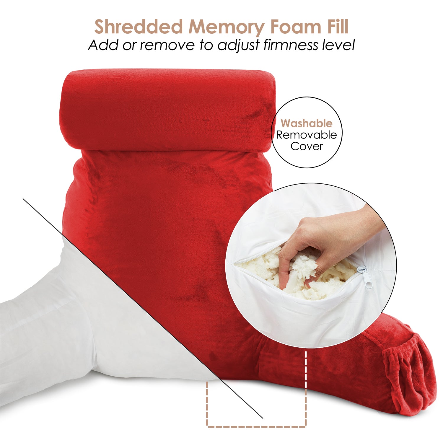 Nestl Reading Pillow, Extra Large Bed Rest Pillow with Arms – Premium Shredded Memory Foam TV Pillow, Detachable Neck Roll & Lumbar Support Pillow - Cherry Red