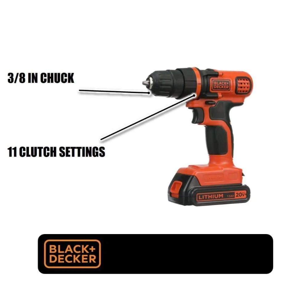 BLACK+DECKER 20V MAX Lithium-Ion Cordless 3/8 in. Drill/Driver with Battery 1.5Ah and Charger LDX120C