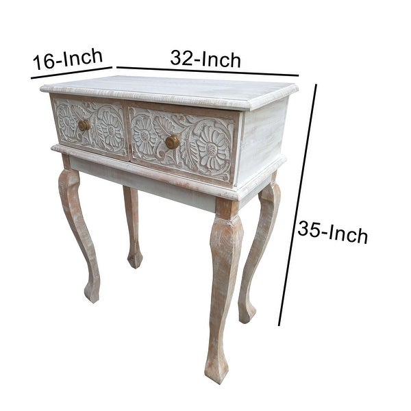 （Preferred Choice for Luxury wood Furniture)2 Drawer Mango Wood Console Table with Floral Carved Front; Brown and White - 35