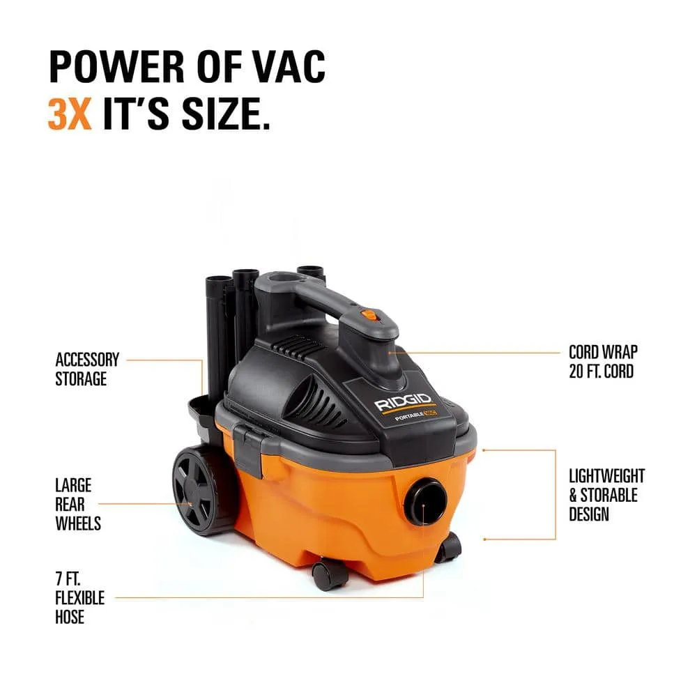 RIDGID 4 Gallon 5.0 Peak HP Portable Wet/Dry Shop Vacuum with Fine Dust Filter, Dust Bags, Locking Hose and Accessories WD4070D