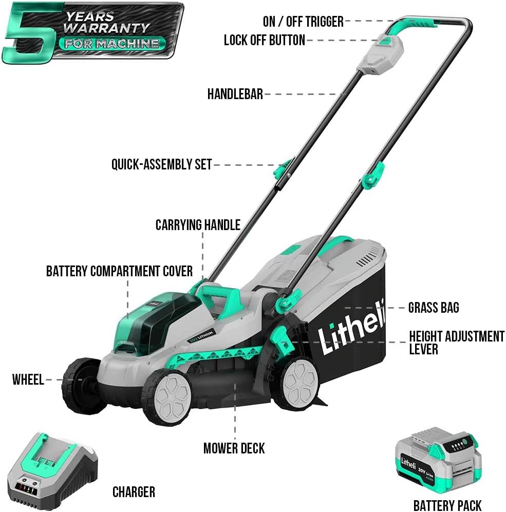 Litheli Cordless Lawn Mower 13 Inch， 5 Heights， 20V Electric Lawn Mowers for Garden， Yard and Farm， with Brushless Motor， 4.0Ah Battery and Charger Included