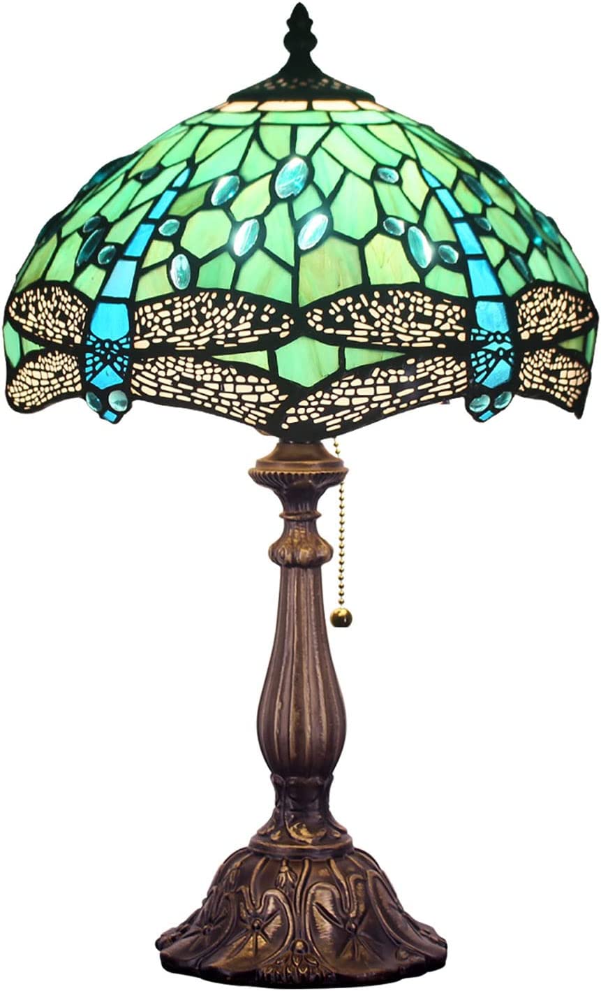 SHADY  Lamp W12H19 Inch Green Stained Glass Dragonfly Style Table Reading Lamp Nightstand Bedside Desk Light Decor Living Room Bedroom Home Office Work Study Pull Chain Switch