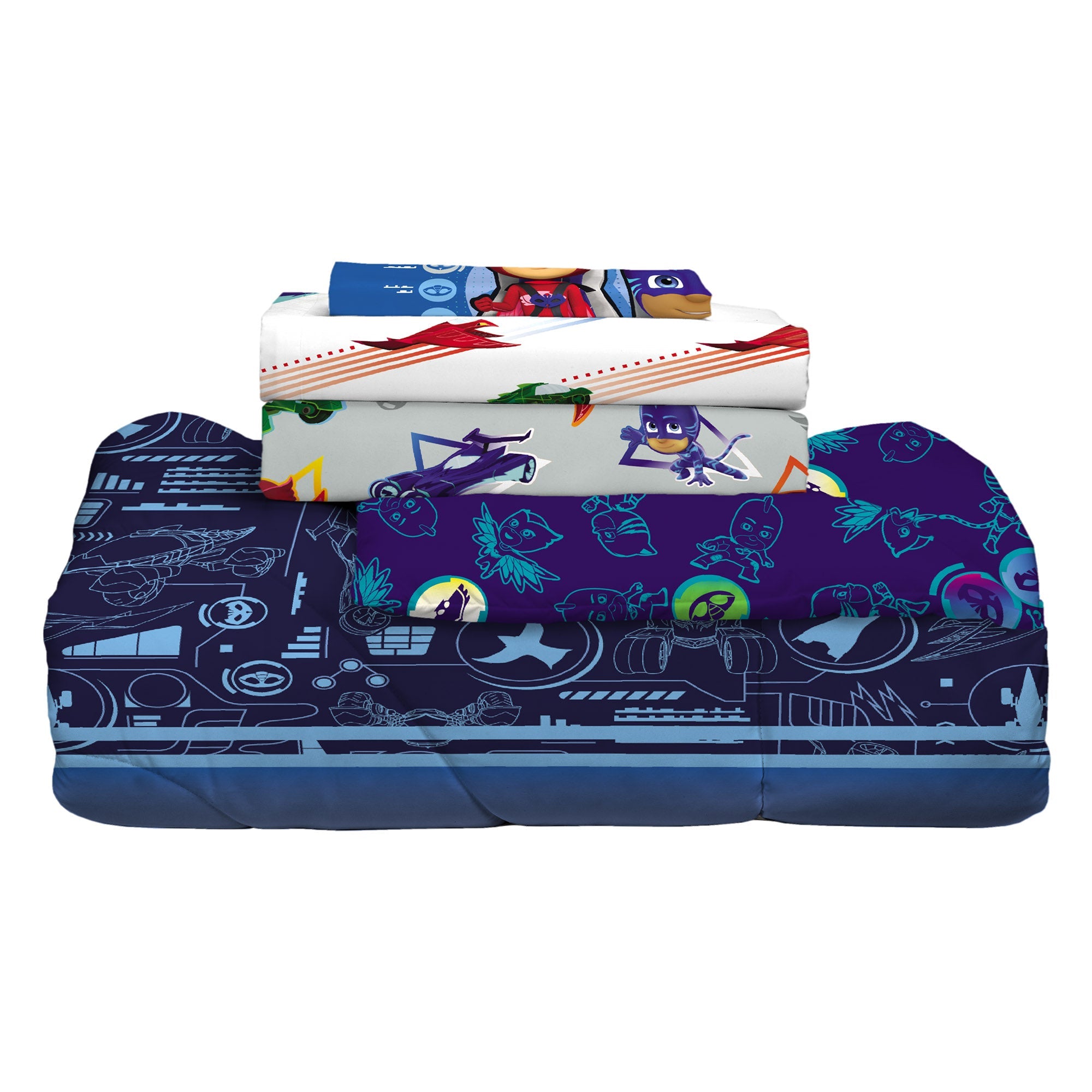 PJ Masks Kids Twin Bed in a Bag, Comforter and Sheets, Blue, Hasbro