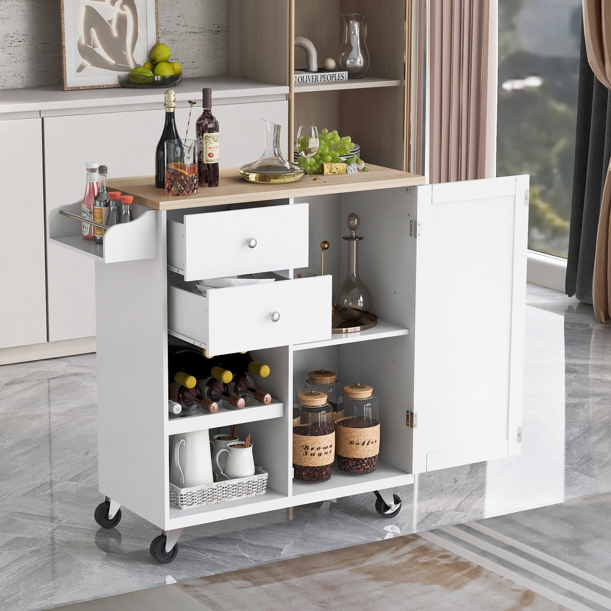 Hombay Modern Mobile Kitchen Island with Storage， Wood Kitchen Cart Organizer with Drawers Door Shelves and Spice Rack， 4 Wheels Rolling Lockable