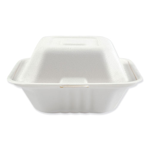 Boardwalk Bagasse Molded Fiber Food Containers | Hinged-Lid， 1-Compartment 6 x 6， White， 125