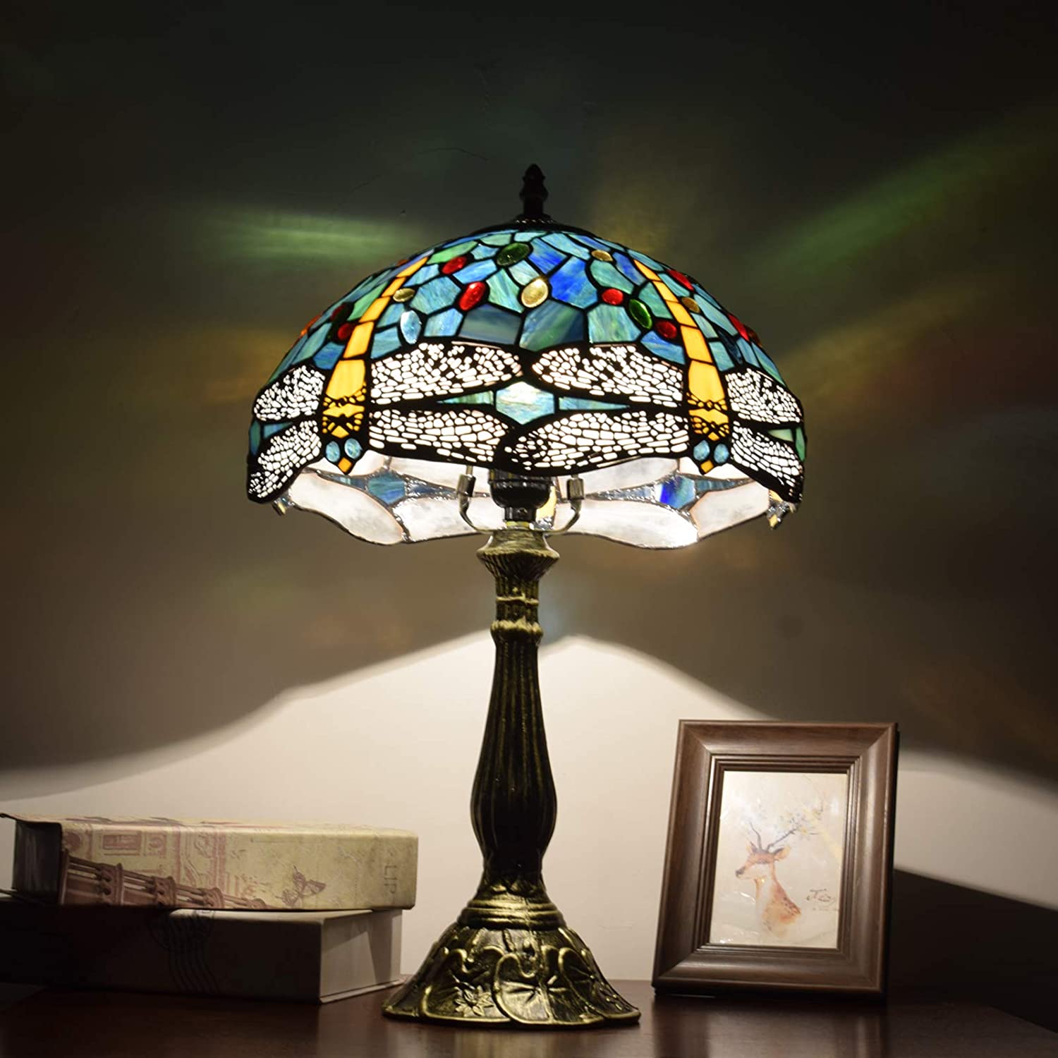 SHADY  Lamp Stained Glass Lamp Dragonfly Green Bedroom Table Lamp Reading Desk Light for Bedside Living Room Office Dormitory Dining Room Decorate  12x12x18 Include Light Bulb
