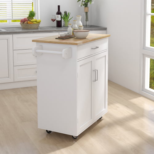 Kitchen Island on Wheels White Rolling Trolley Cart with Rubber Solid Wood Countertop One Drawer and 2 Doors Towel Rack Kitchen Island Cart， 32.68
