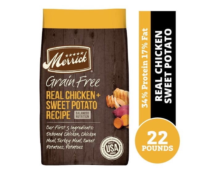Merrick Grain Free Real Chicken + Sweet Potato Recipe Adult Dry Dog Food， 22 lb. Bag