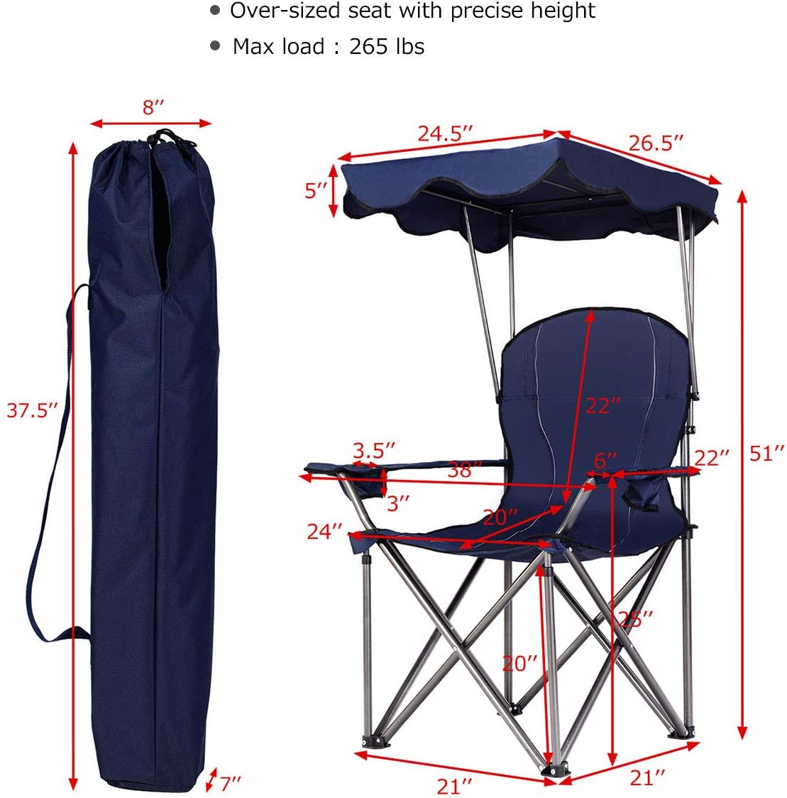 Beach Chair with Canopy Shade, Folding Lawn Chair with Umbrella Cup Holder & Carry Bag, Portable Sunshade Chair for Adults for Outdoor Travel Hiking Fishing, Blue