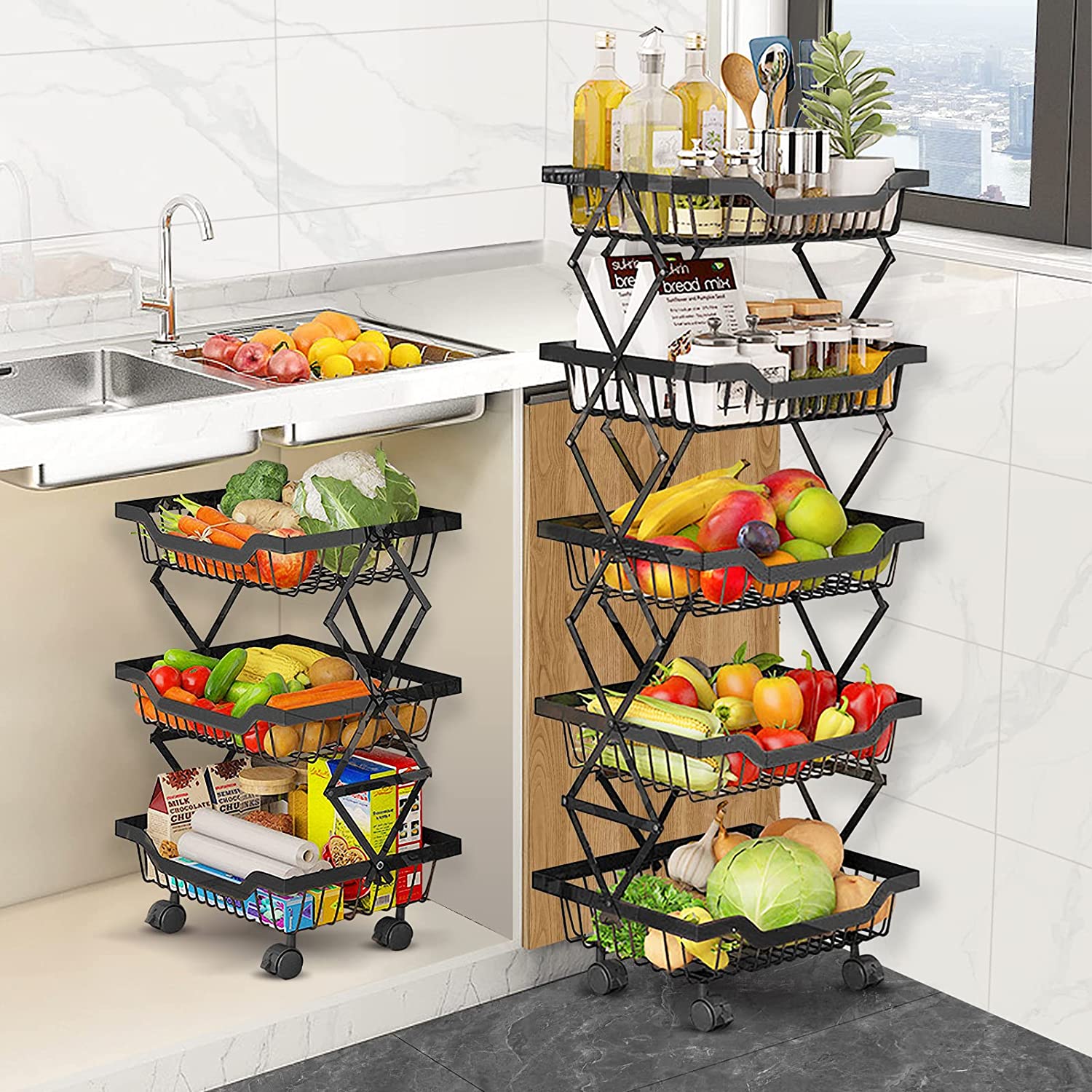 Fruit Basket for Kitchen - 3 Tier Basket Stand - Foldable Fruit and Vegetable Storage Cart with Detachable Wheels - Potato and Onion Storage - Basket Storage Tower for Kitchen， Pantry， Bathroom