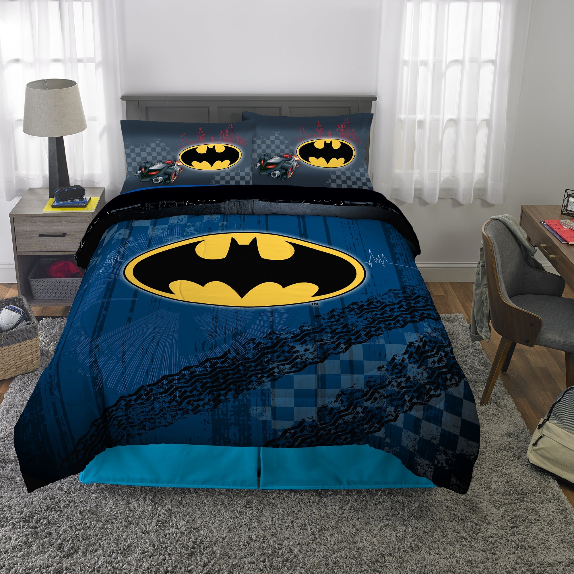 Batman Kids Full Bed in a Bag, Comforter and Sheets, Gray, Warner Bros