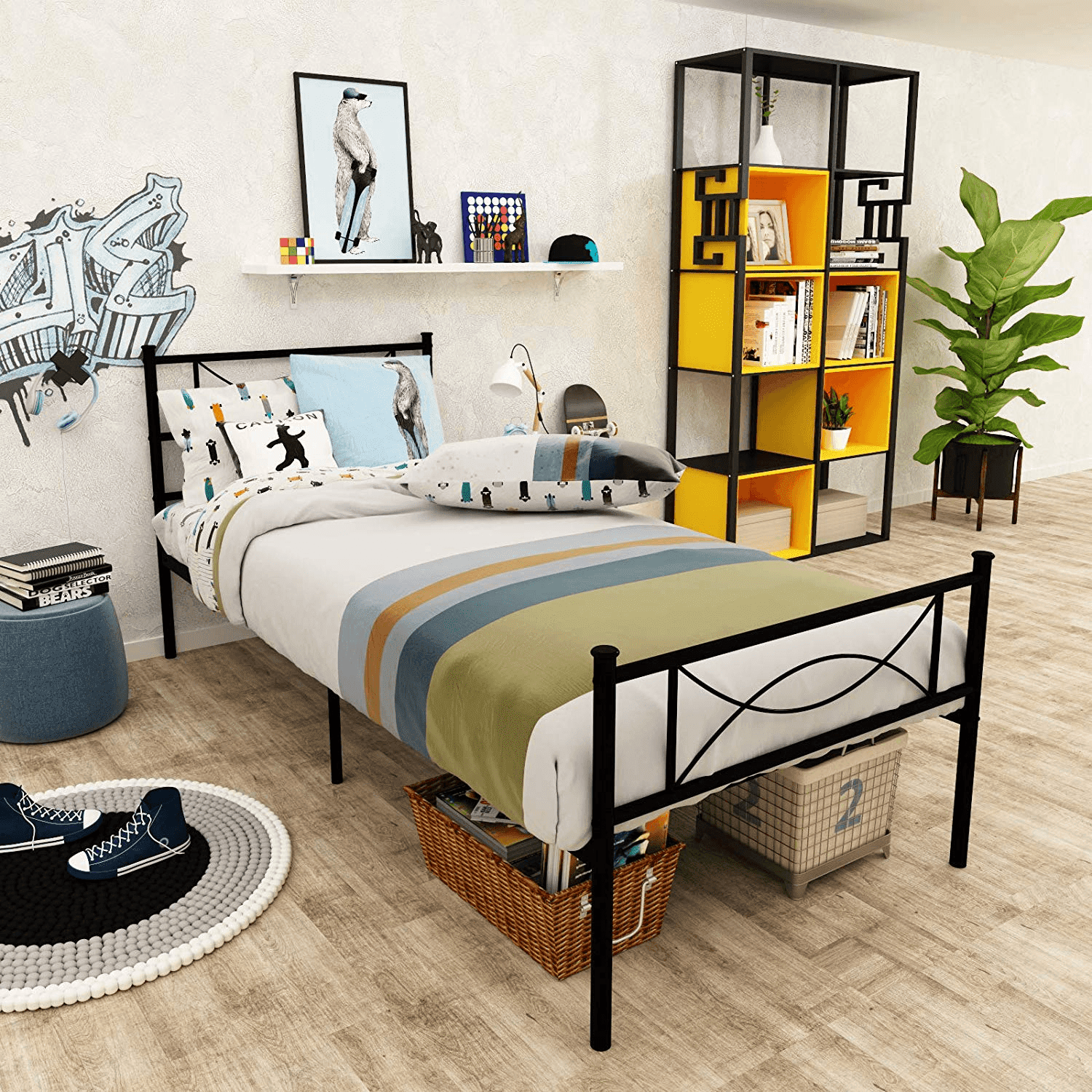 Yoneston Twin Size Metal Platform Bed with Bowknot Headboards Easy Assembly (Mattress Not Included)