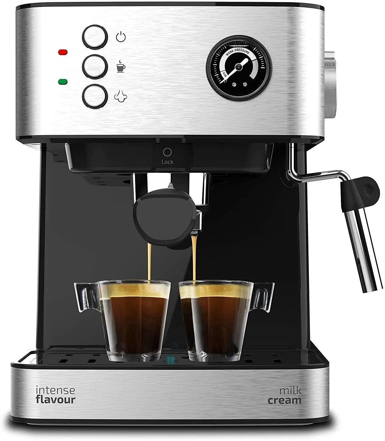 Manual Express Coffee Maker Power Espresso 20. 850 W, Pressure 20 Bars, 1.6L Tank, Double Outlet Arm, Steamer, Cup Warmer Surface, Stainless Steel Finishes