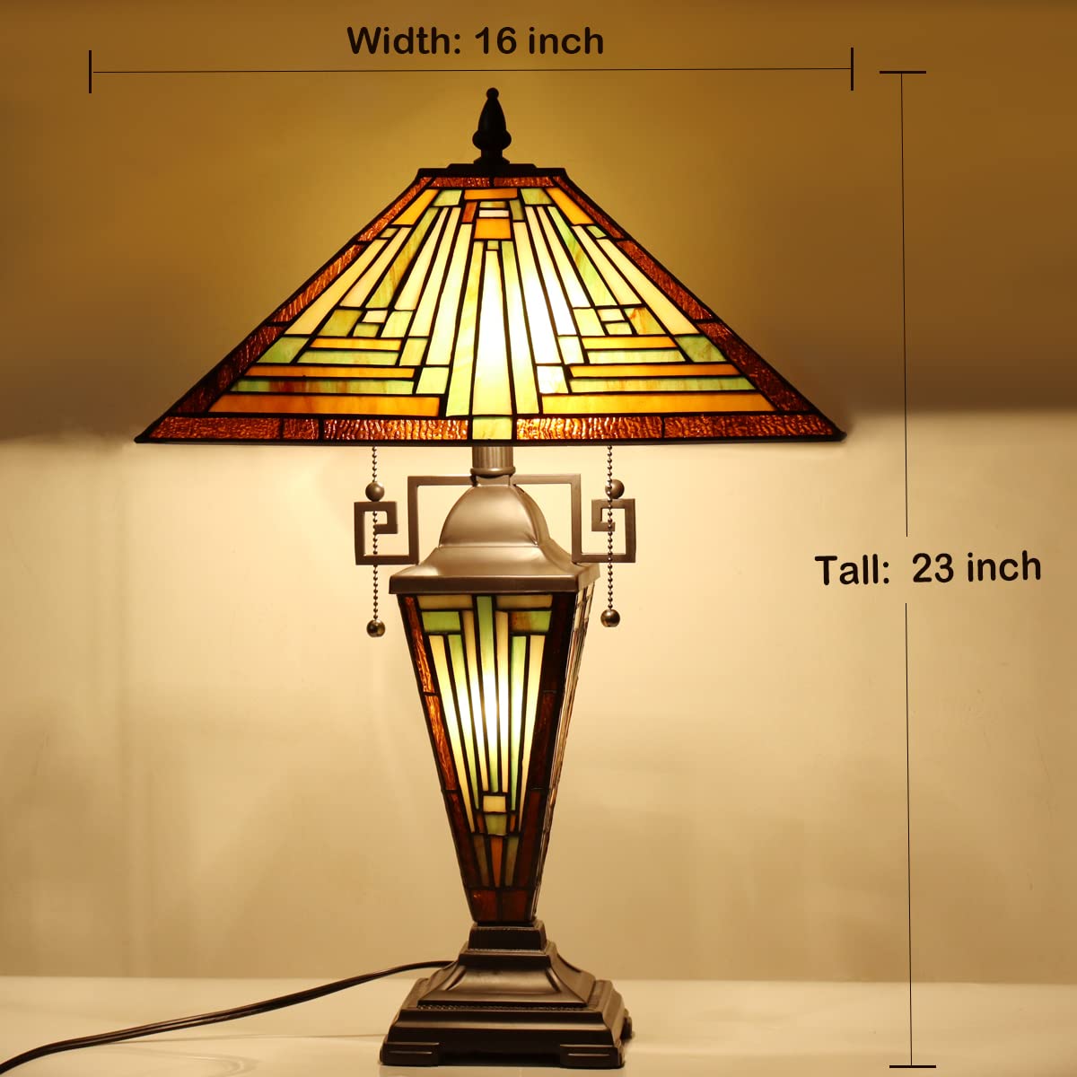 Vinplus  Table Lamp Night Light 16" Wide Handmade Stained Glass Lamp Shade 3 Light Amber Mission Style Vintage Table Lamp