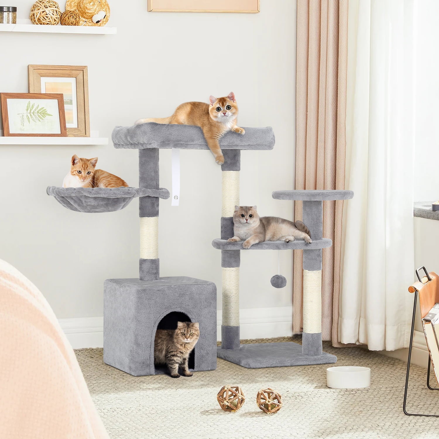 BestPet 33in Cat Tree Cat Tower with Scratching Posts for Indoor Cats，Multi-Level Cat Furniture Activity Center Stand House Cat Condo with Hammock Perch and Kitten Toys Pet Play House，Light Gray