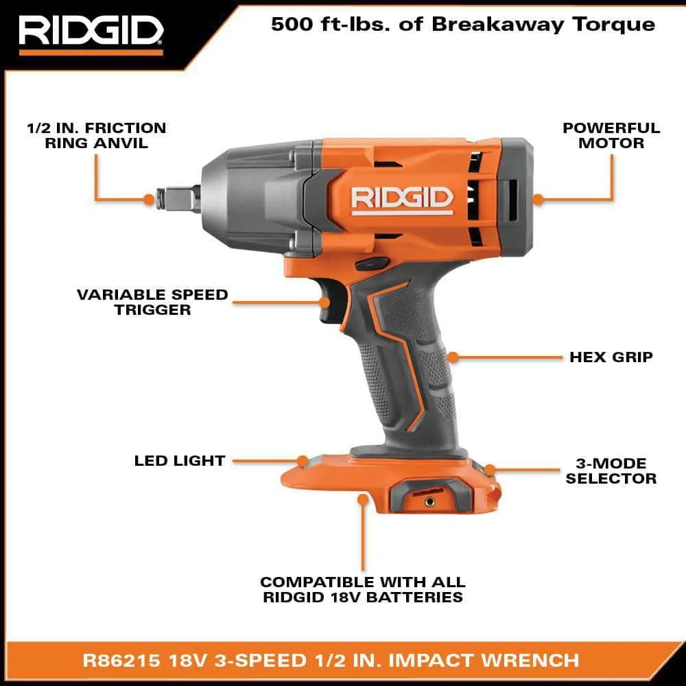 RIDGID 18V Cordless 1/2 in. Impact Wrench Kit with 4.0 Ah Battery and Charger R86215K