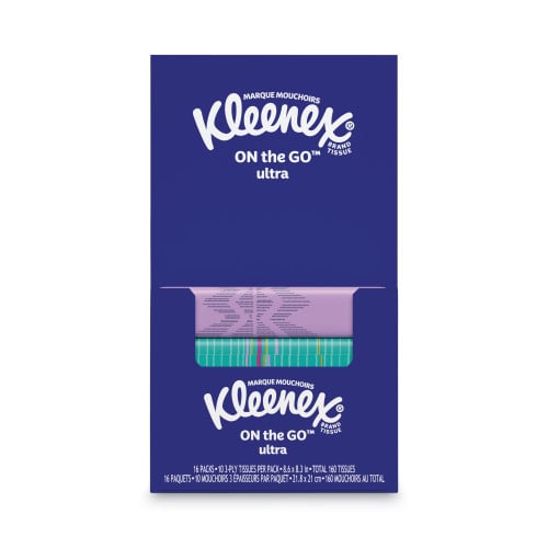 Kleenex On The Go Packs Facial Tissues， 3-Ply， White， 10 Sheets/Pack， 16 Packs/Box， 12 Boxes/Carton (11975)