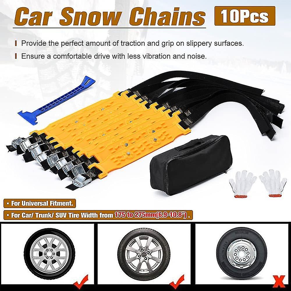 Universal Yellow 10 Piece Car Snow Chains Tpu Wheel Safety Chains Adjustable Snow