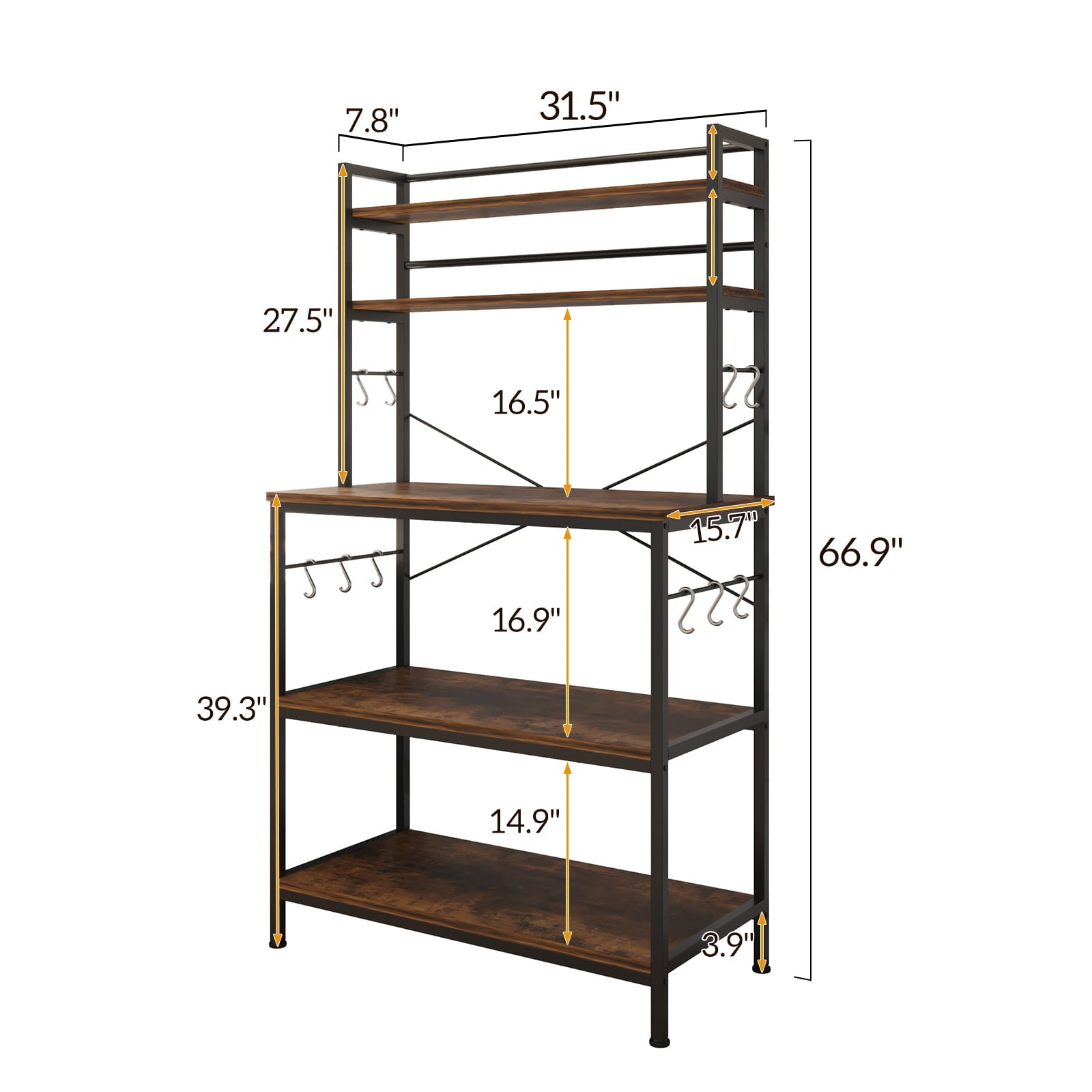 Ktaxon 5-Tier Kitchen Baker's Rack with 10 Hooks， Industrial Microwave Oven Stand Kitchen Island Cart Storage Shelving Unit Organizer， Rustic Brown